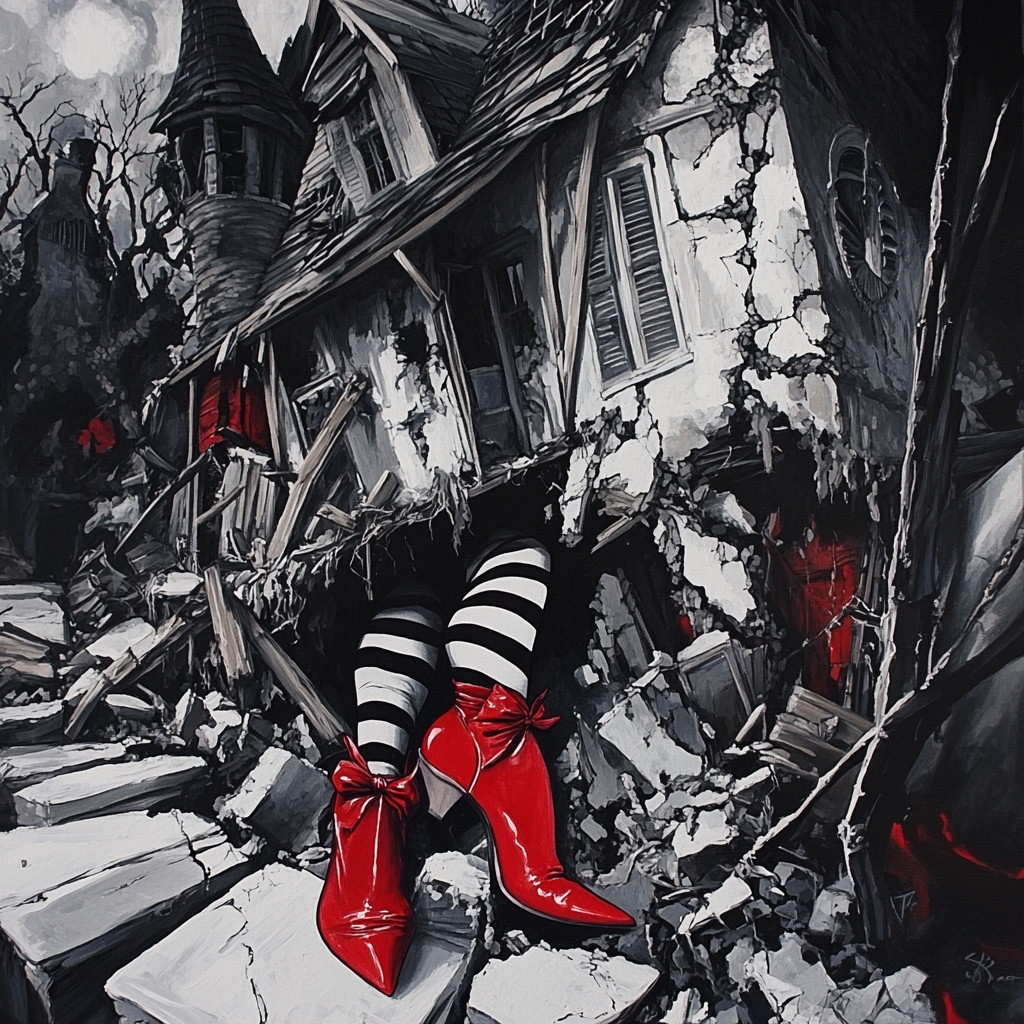 Witch's legs and red slippers poke out from house.