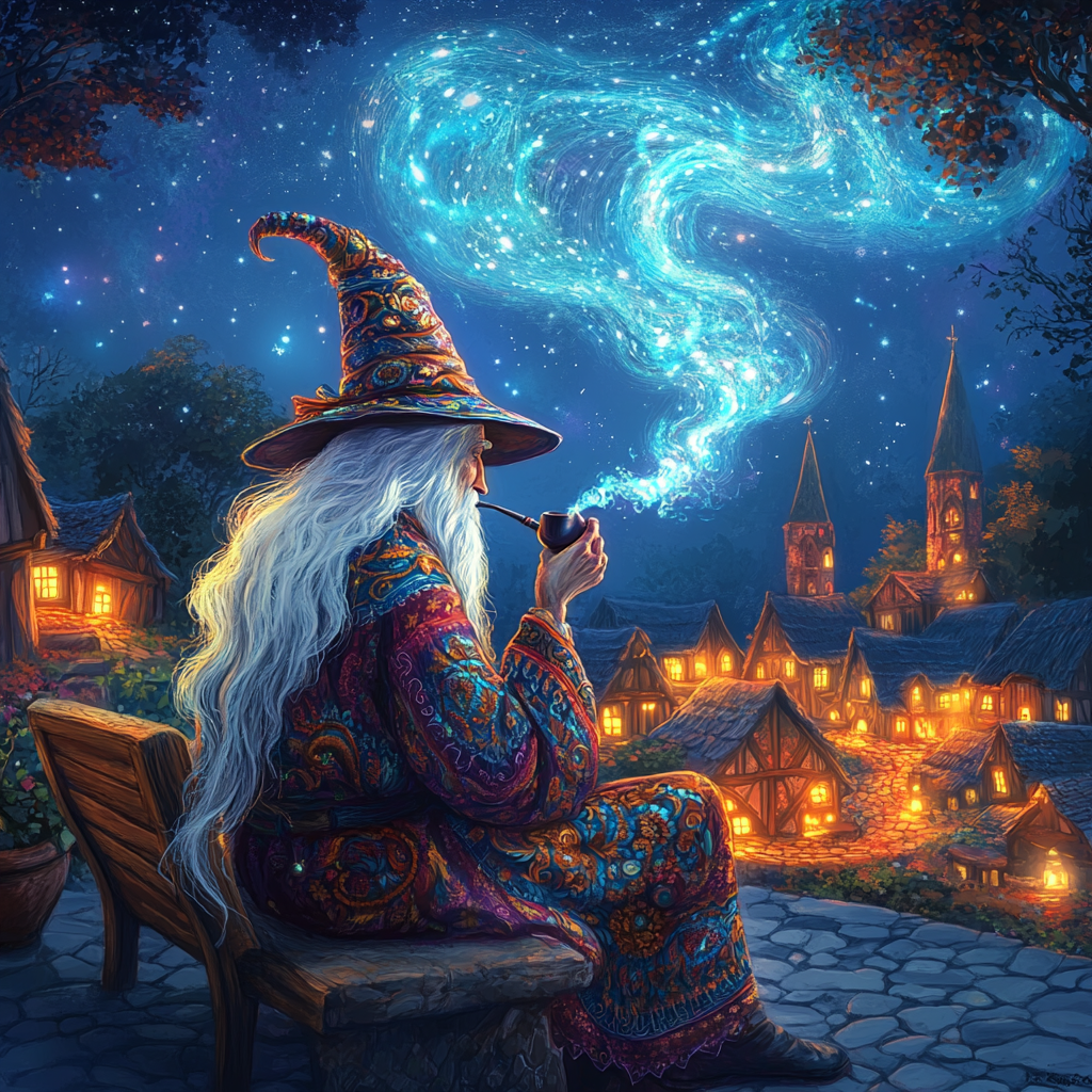 Wizard smoking pipe on stone bench in village at night.