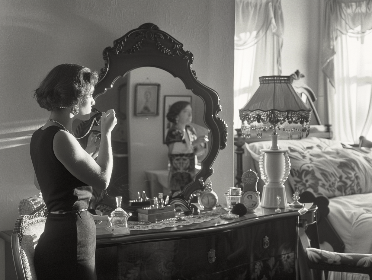 Woman choosing silver necklace against mirror in bedroom.