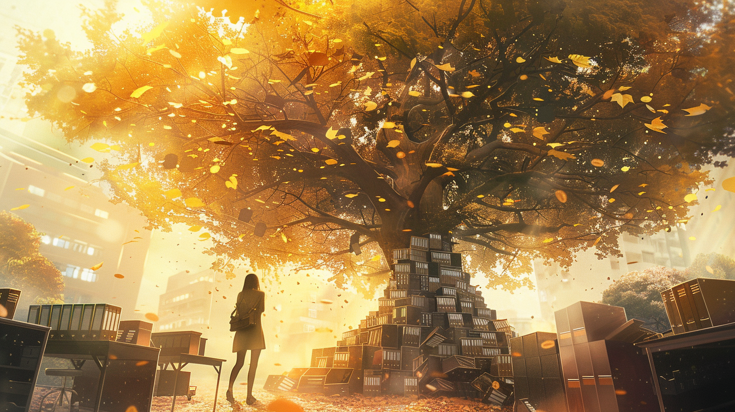 Woman climbing desk tree, golden leaves symbolize success.