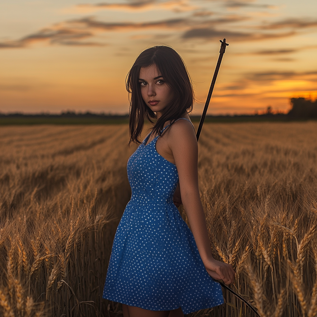 Woman in blue sundress in wheat field at sunset.