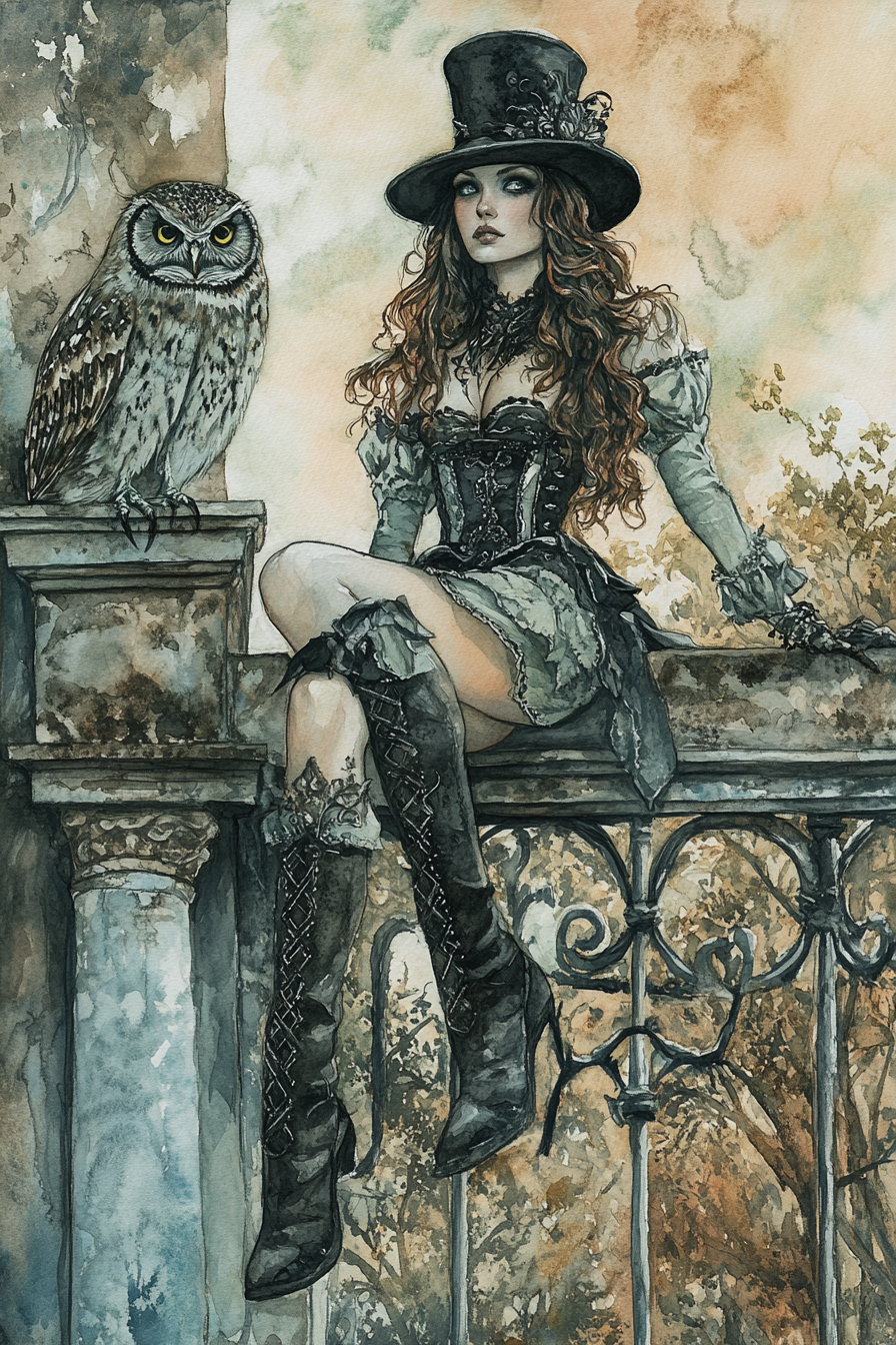 Woman in boots and top hat on balcony with owl.