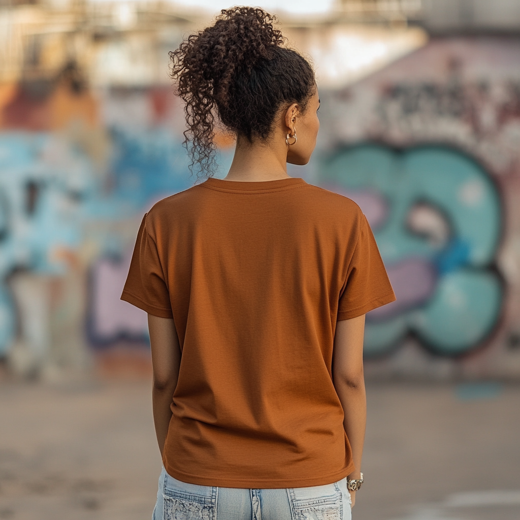 Woman in brown t-shirt in urban setting. Modeling mock-up.