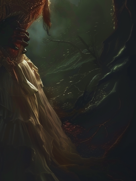 Woman in elegant dress embracing demon in dark woods.