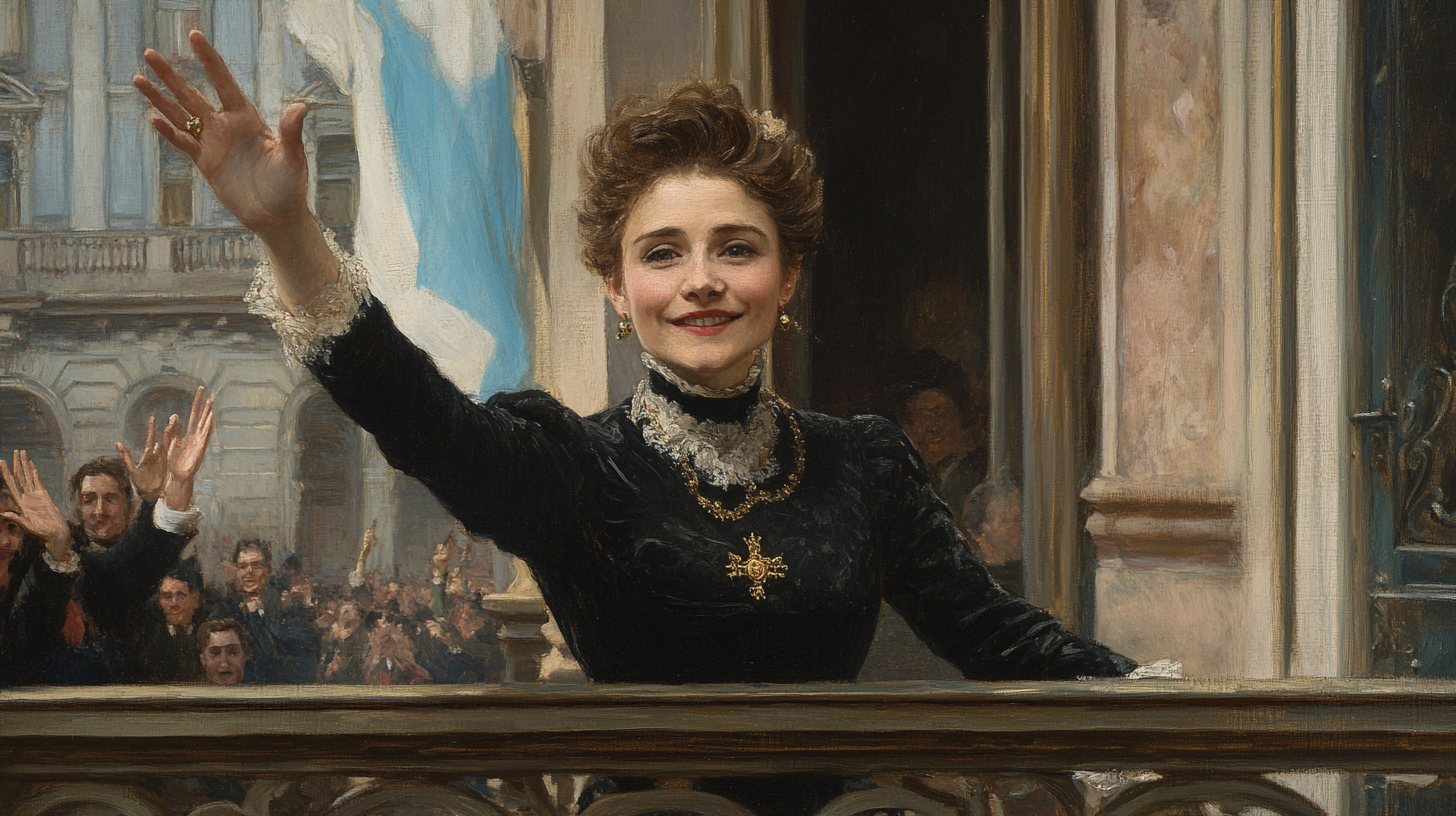 Woman in forties waving from balcony, successful political career