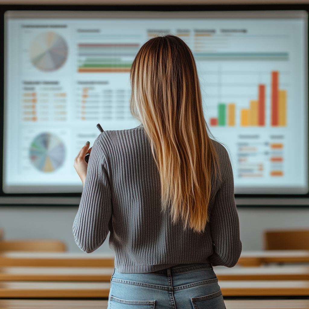 Woman in gray cardigan giving ppt presentation in classroom.