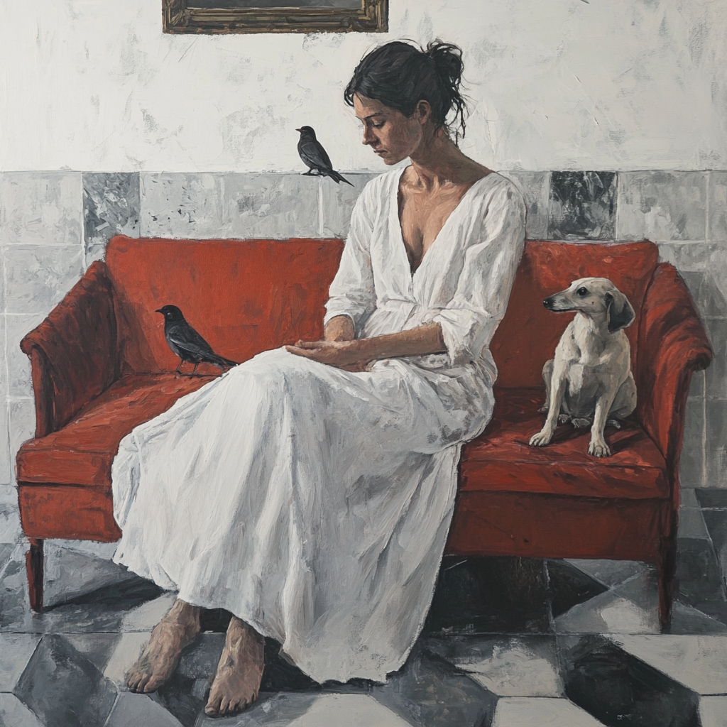 Woman in white dress with sparrows, on red couch.