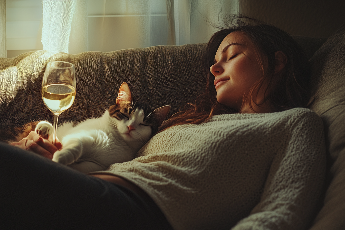 Woman relaxing on couch with cat, glass of wine.