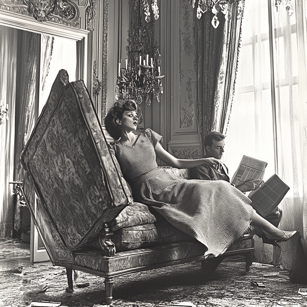 Woman swallowed by sofa while husband reads newspaper, 1964.