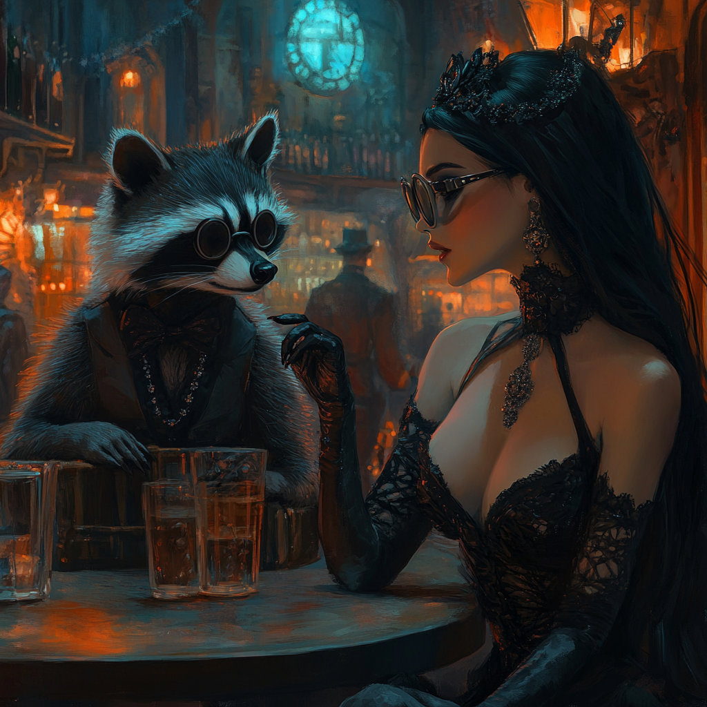 Woman with black hair at bar conversing with raccoon.