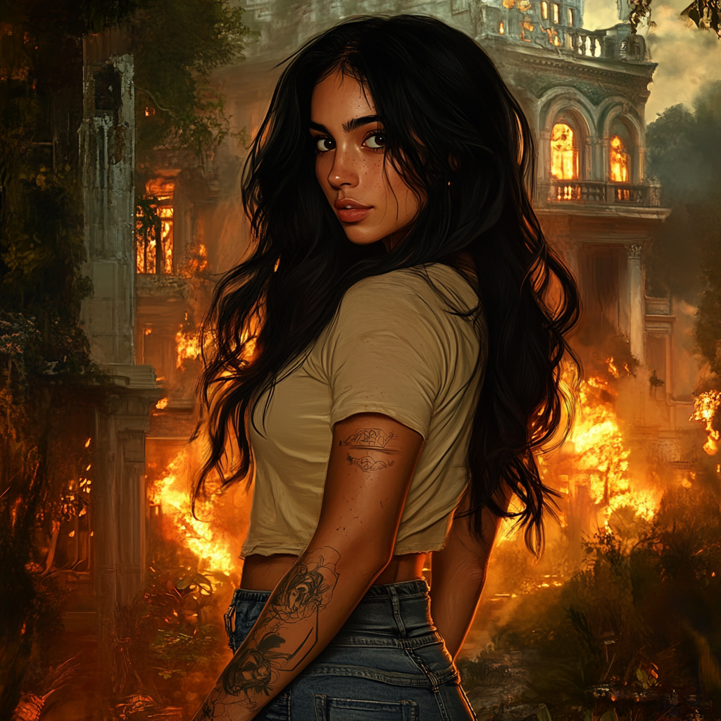 Woman with long black hair stares at burning mansion.