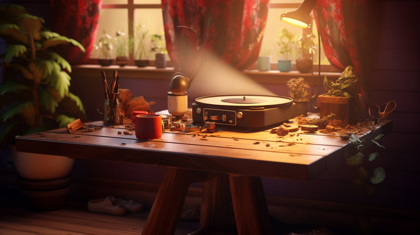 Wooden table, rolling papers, grinder, cannabis buds, neon lighting, smoke, vinyl records, record player.CenterScreen composition.