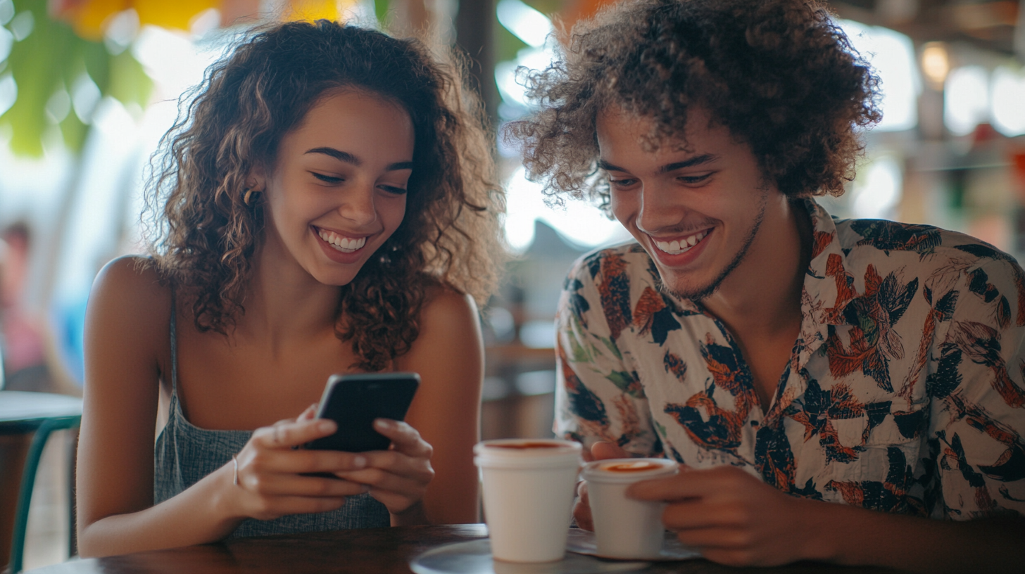 Young Brazilian men and women looking at phone, happy.