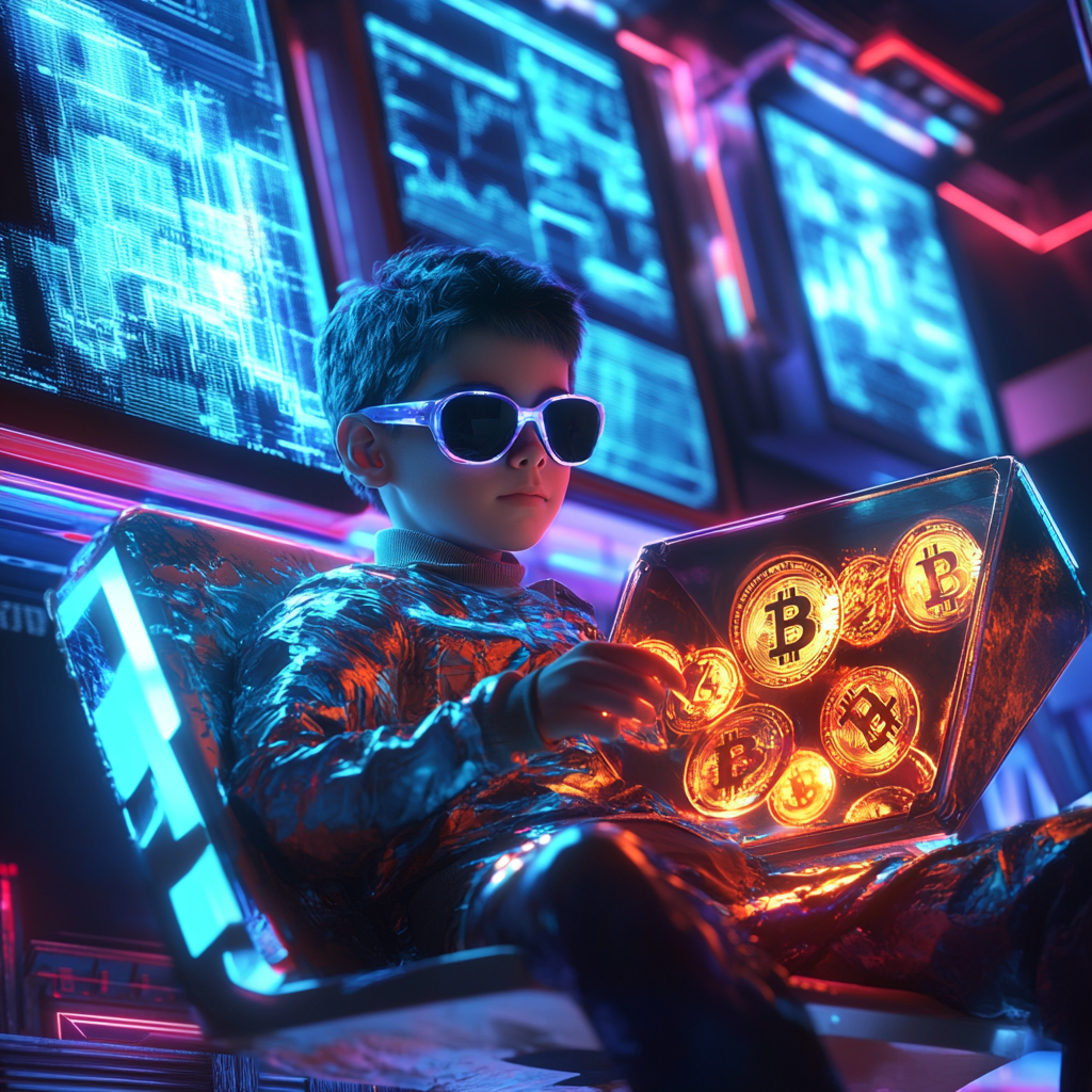 Young boy with sunglasses on colorful chair, surrounded by tech.