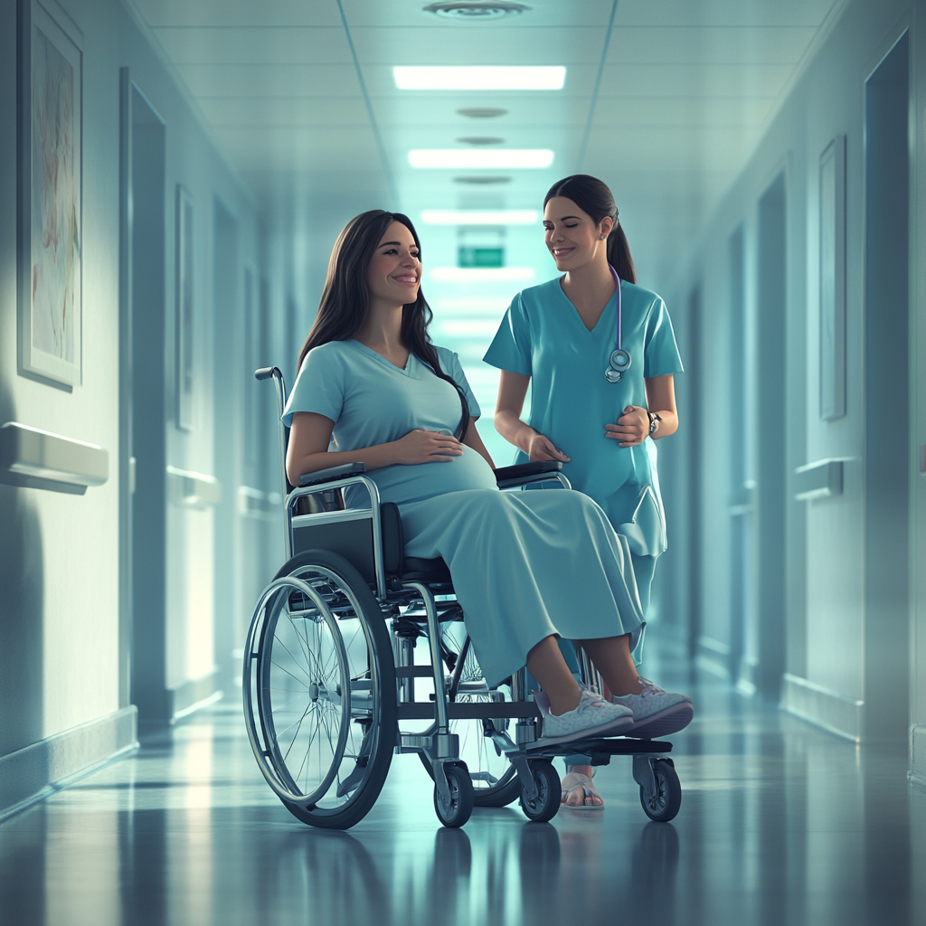 Young brunette pregnant mother in wheelchair with nurse, happy.