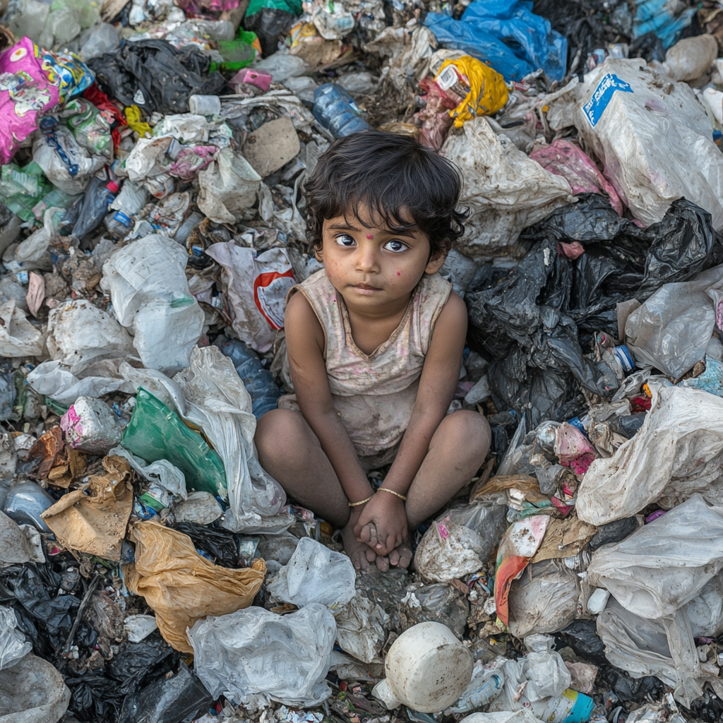 Young child in landfill surrounded by plastic waste.