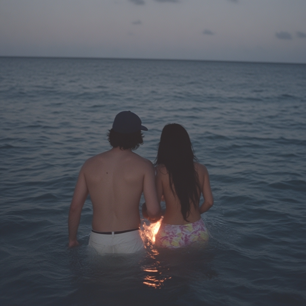 Young lover couple walking into burning sea at sunset.