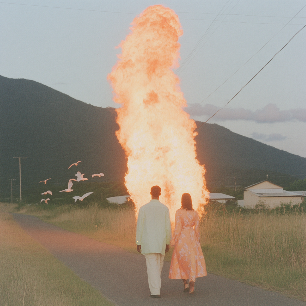 Young lovers walk into flames with white birds.