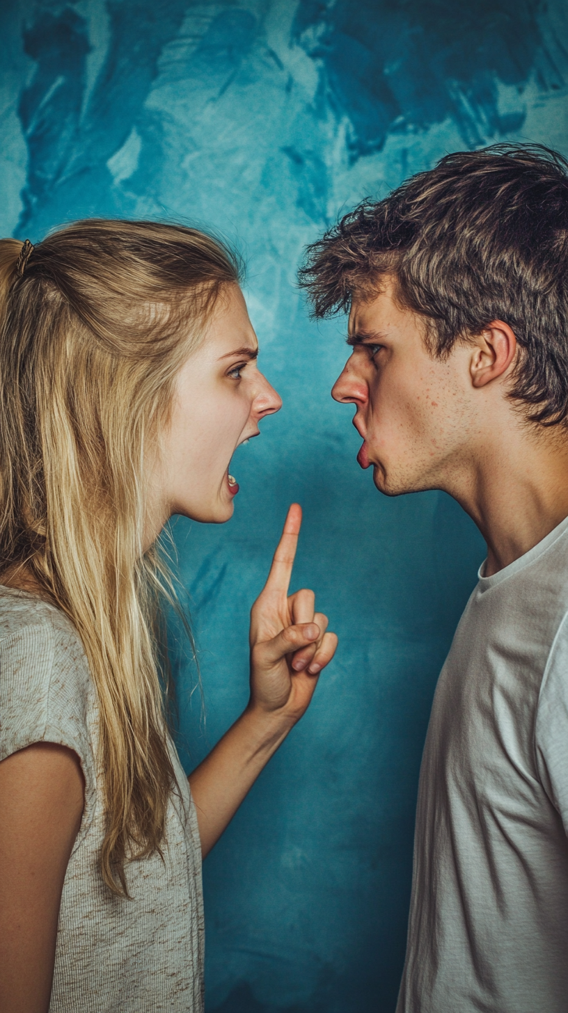 Young man and girlfriend arguing, girlfriend pointing finger angrily.