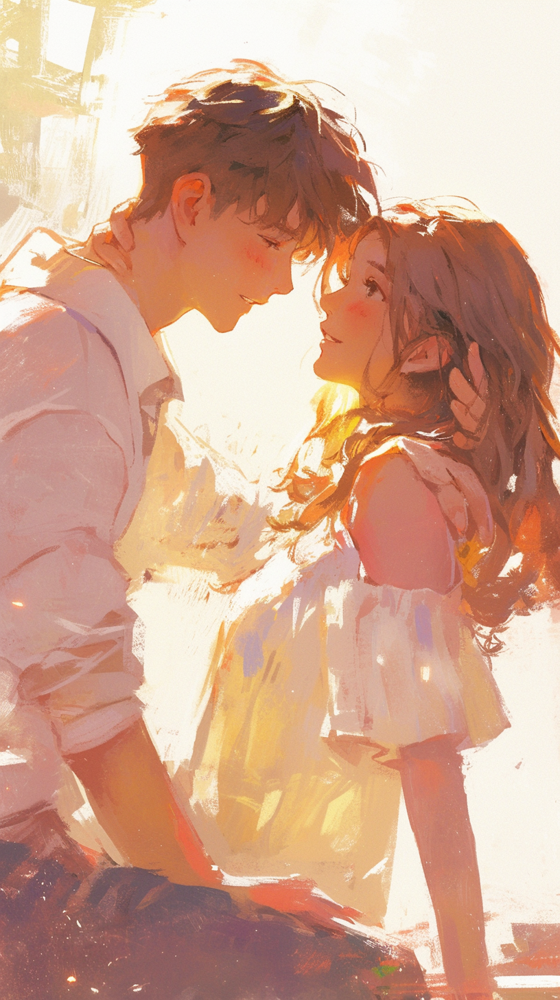 Young man gazing lovingly at beautiful girl, pastel colors.