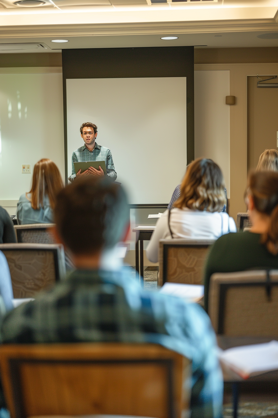 Young professional practicing speech in modern classroom setting.