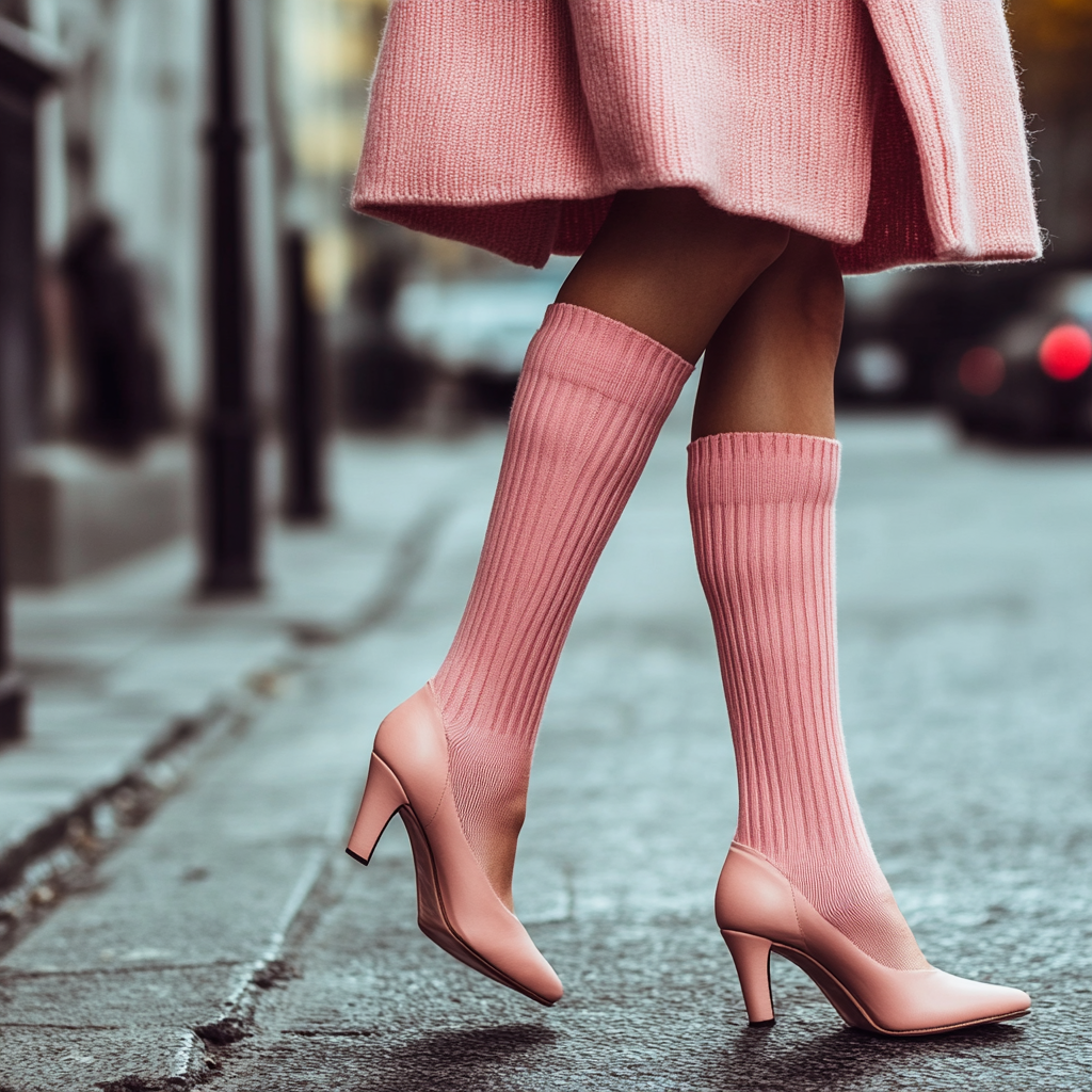 Young woman in fashionable pink woolen short socks.