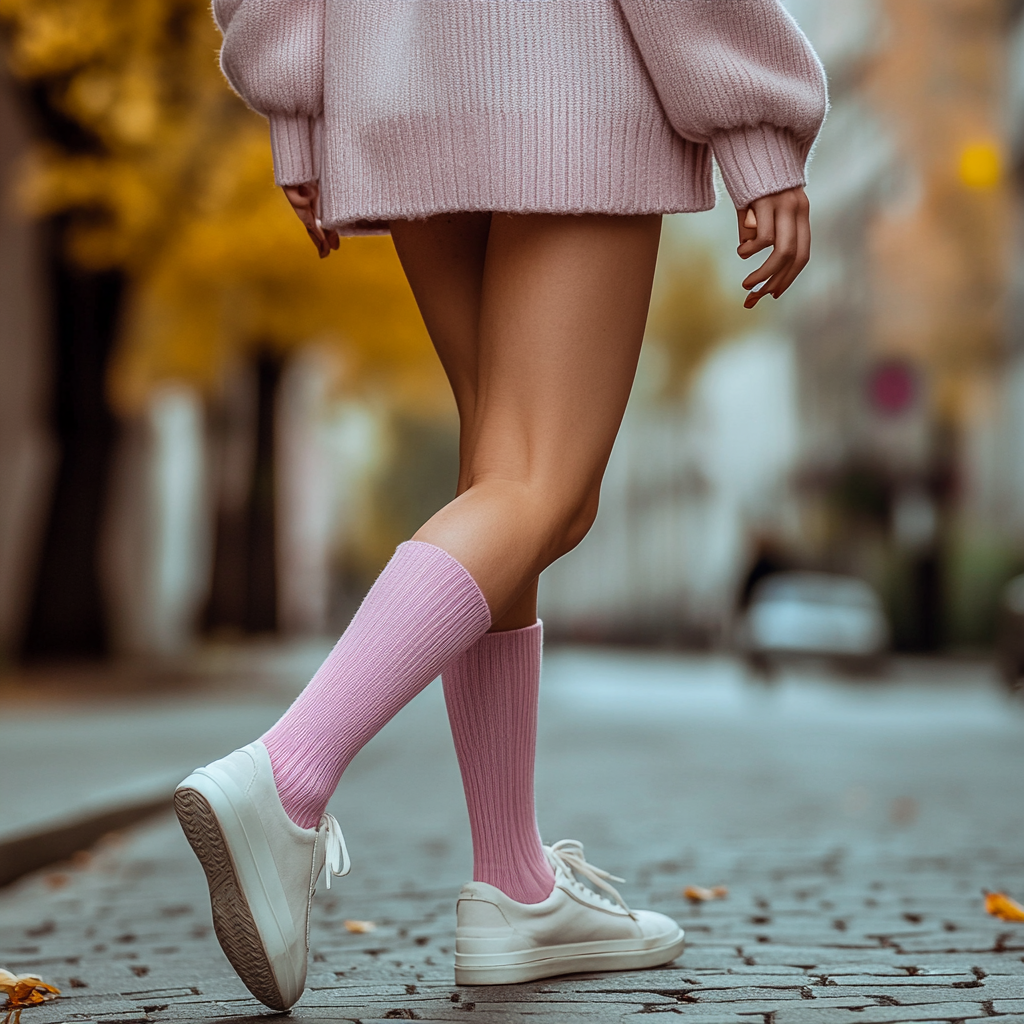 Young woman in pink woolen short socks on street