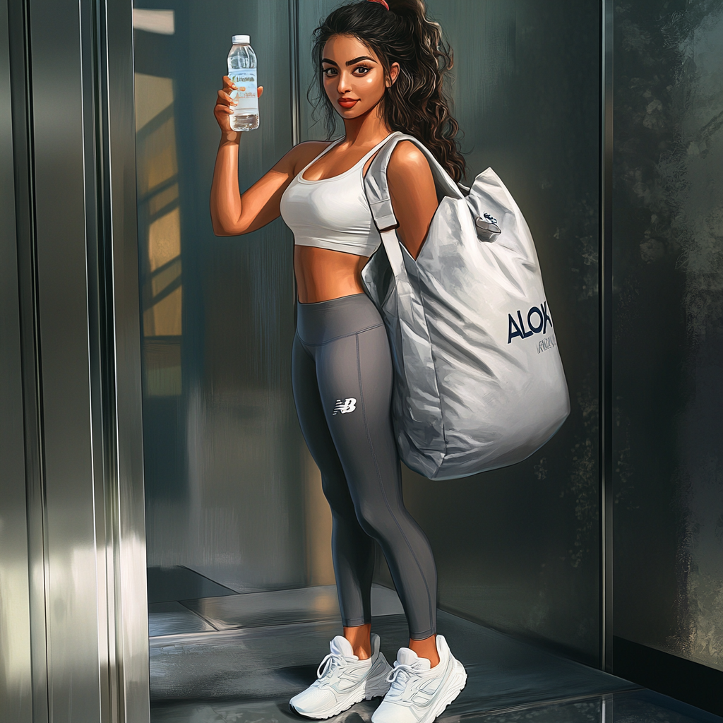 Young woman in yoga outfit taking elevator selfie.