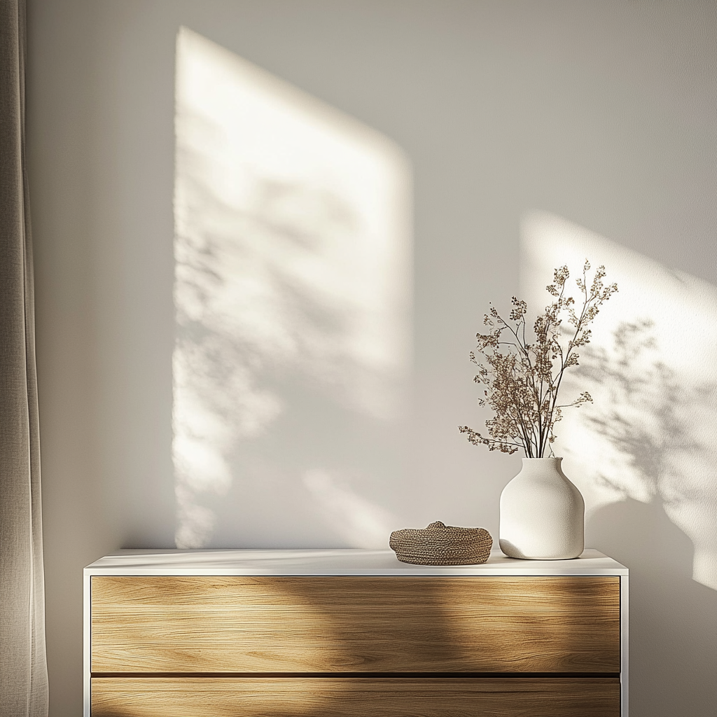 Zen bedroom with smooth white wall and minimalist dresser.