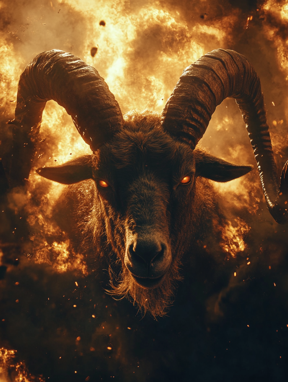 a distant goat gazes during apocalypse, gods and demons.