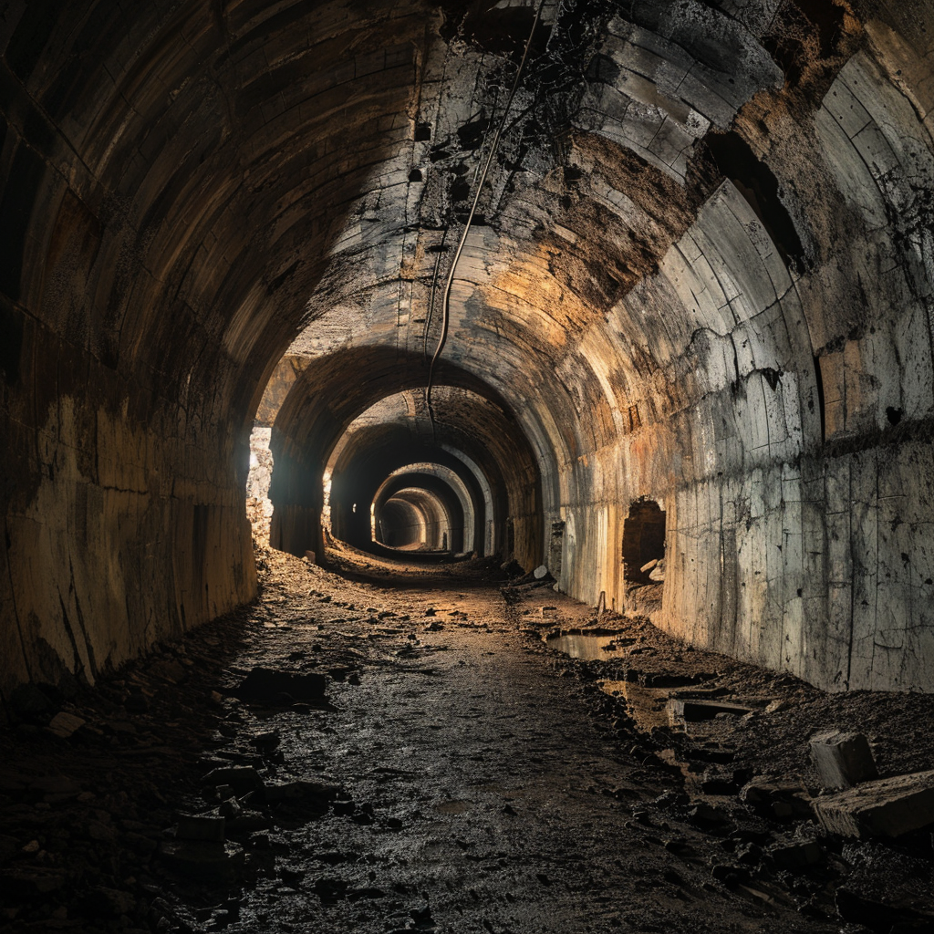 Abandoned underground tunnels at night exploration