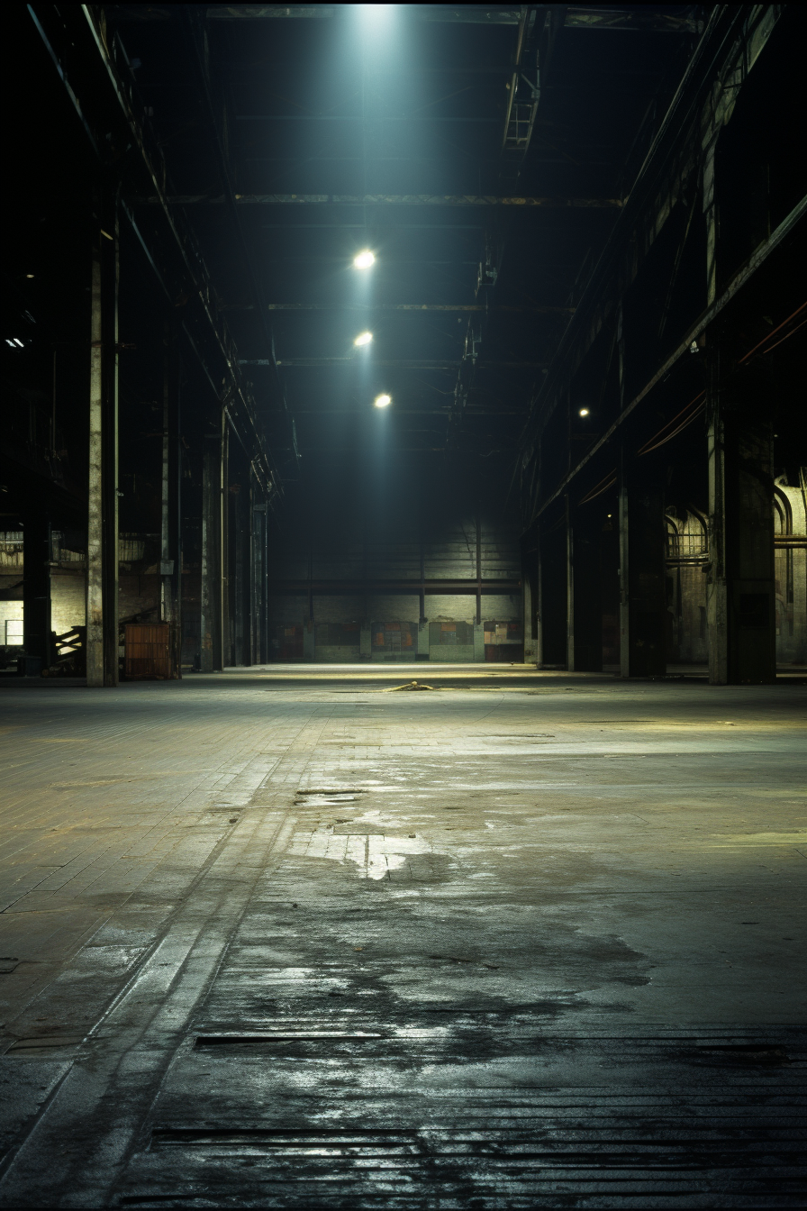 Abandoned warehouse interior at night with iconic presence