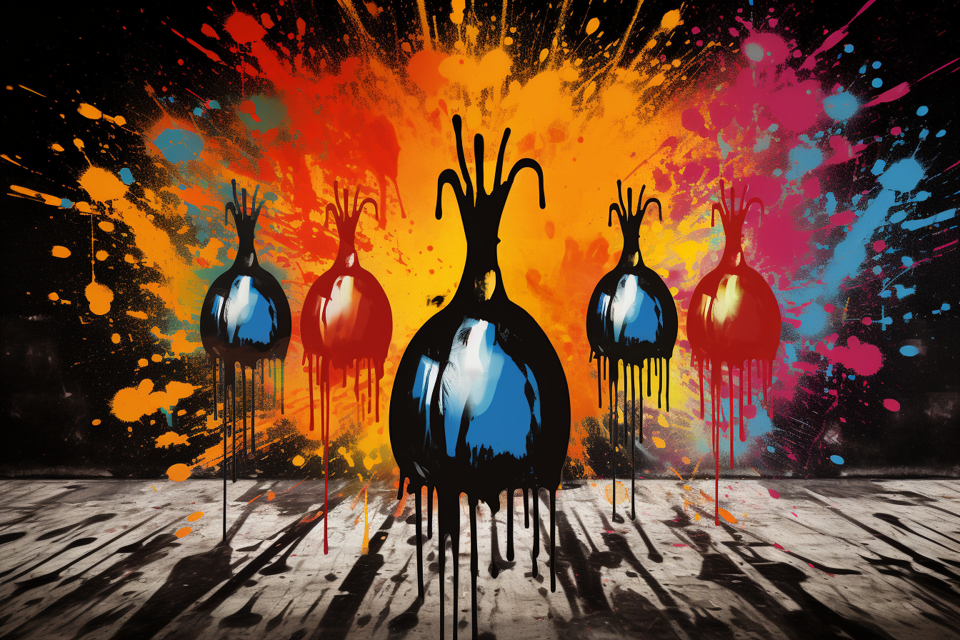 Abstract graffiti bowling pins center artwork