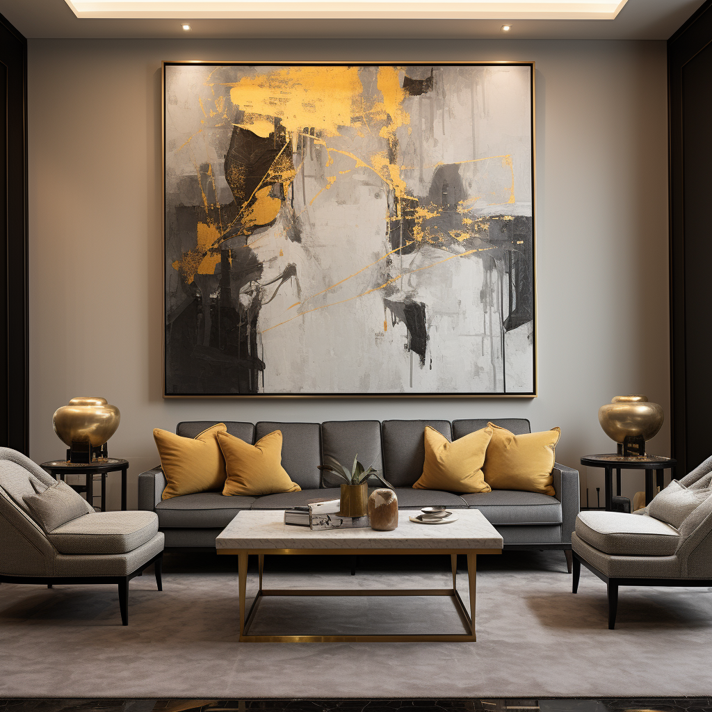 Large Abstract Painting with Grey Couch and Yellow Chair