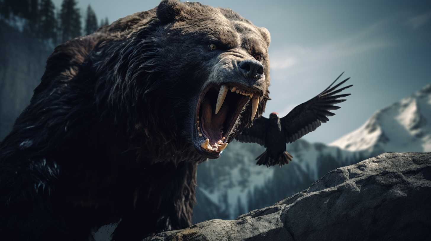 Cinematic shot of lion, black bear, and eagle in action