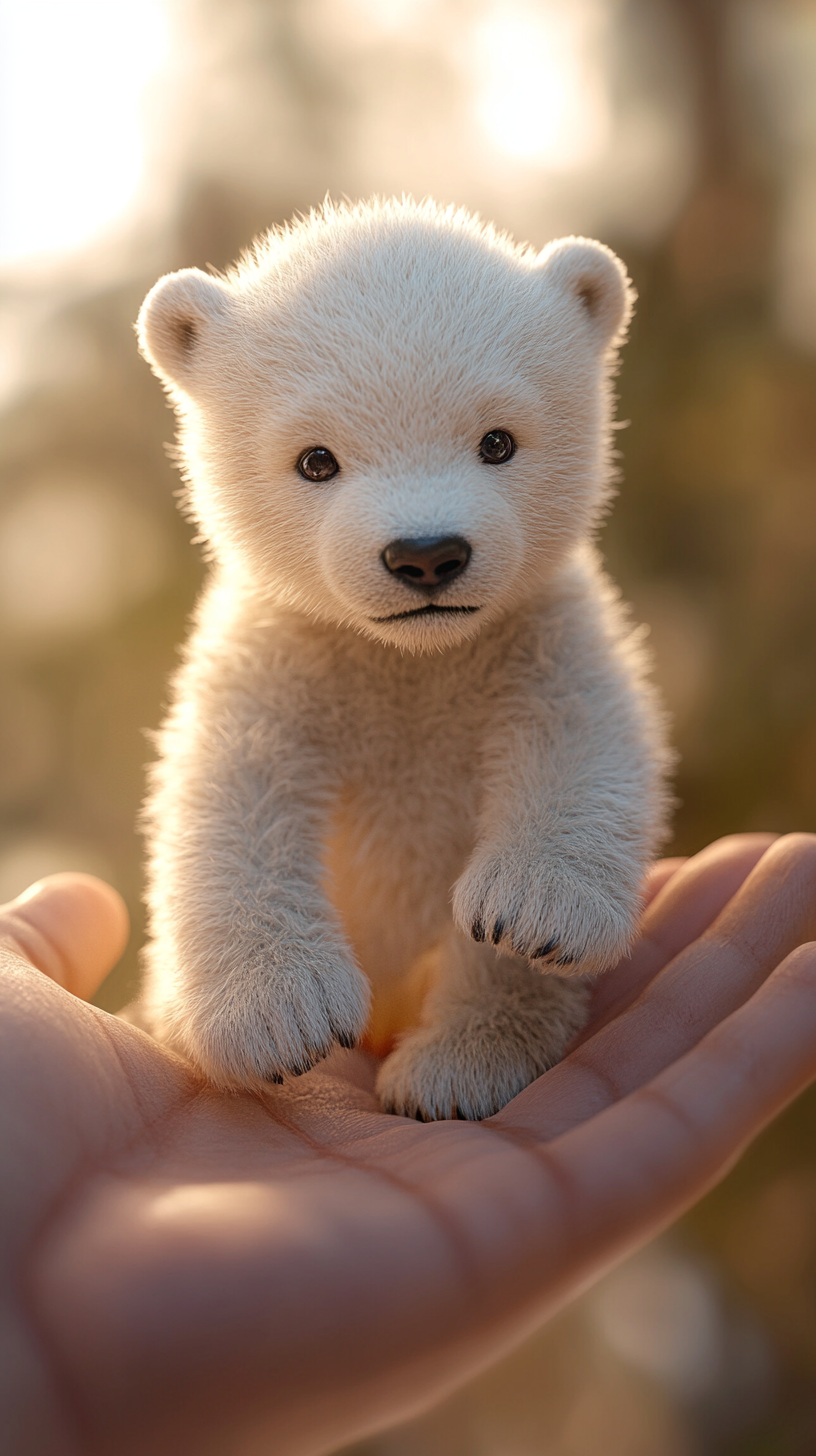 adorable baby polar bear cub in human hand portrait