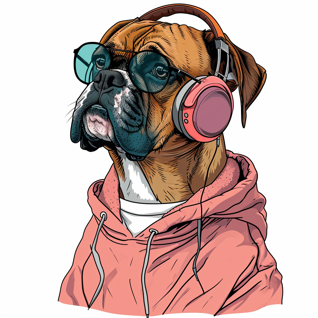 Boxer dog in sweatshirt and headphones