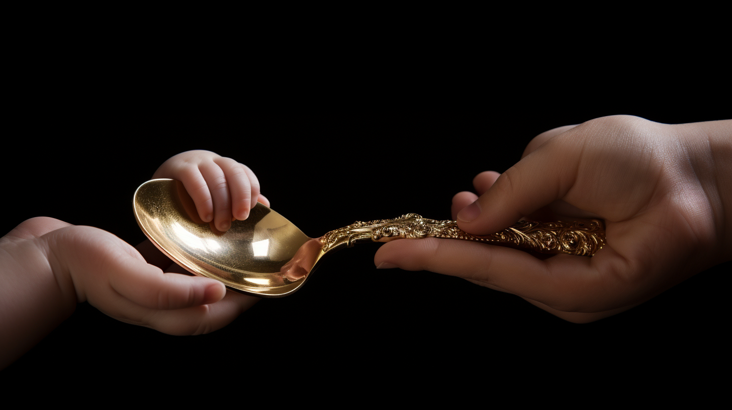 Adult hand giving gold spoon to baby