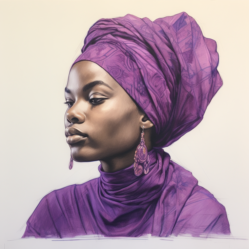 African woman with purple headscarf and vegetables