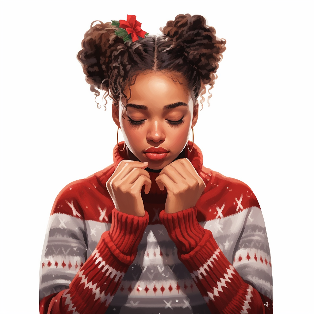 African American woman in cozy Christmas sweater