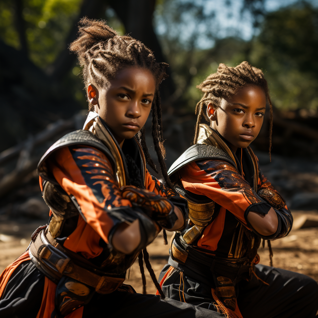 African American girls mastering martial arts poses