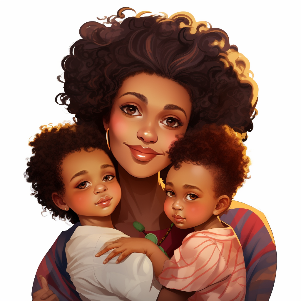 Cartoon of African American Mother and 3 Babies