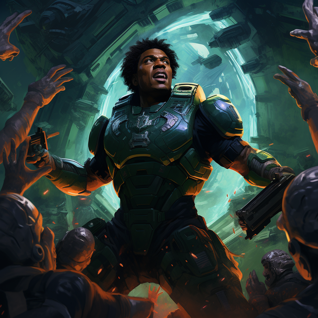 Afrofuturist Master Chief shielding against coloniser aliens