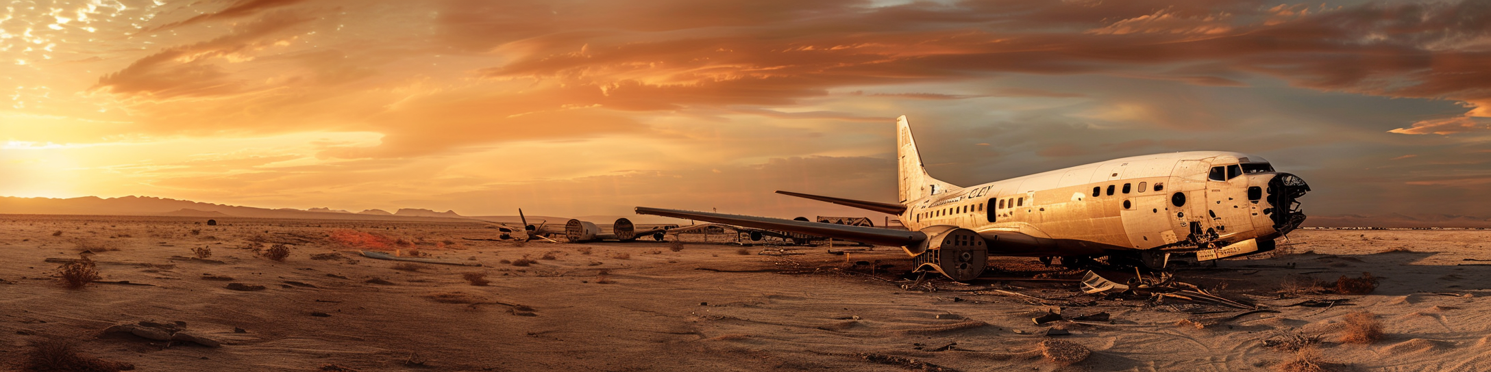 Airplane graveyard in California desert at sunset