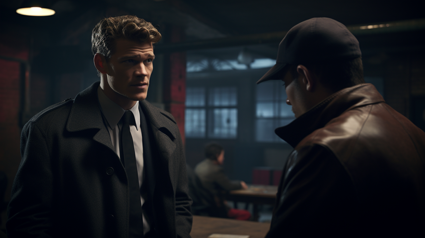 Alan Ritchson in heavy coat meeting detective