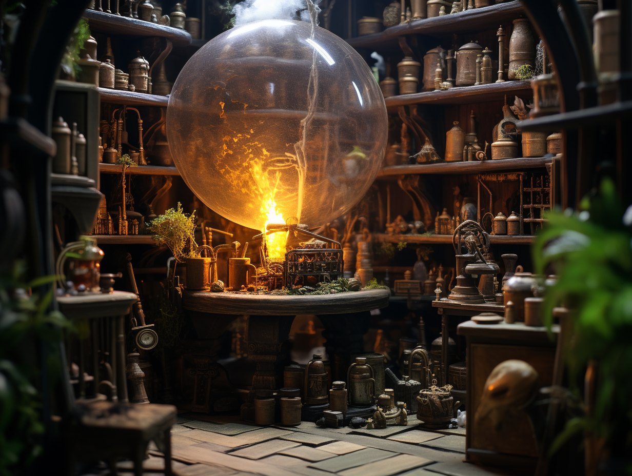 Inside view of alchemist's atelier with bookshelfs and laboratory equipment