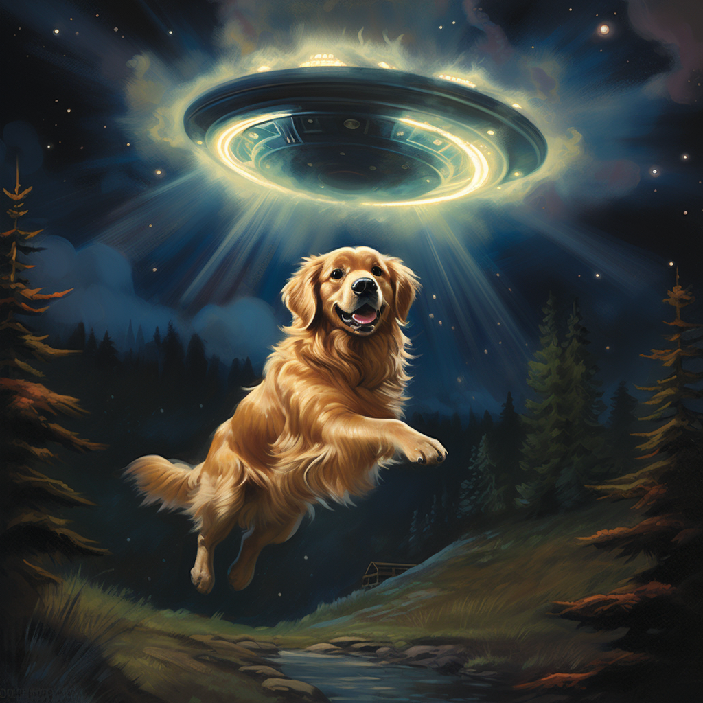 Golden retriever being abducted by aliens at night