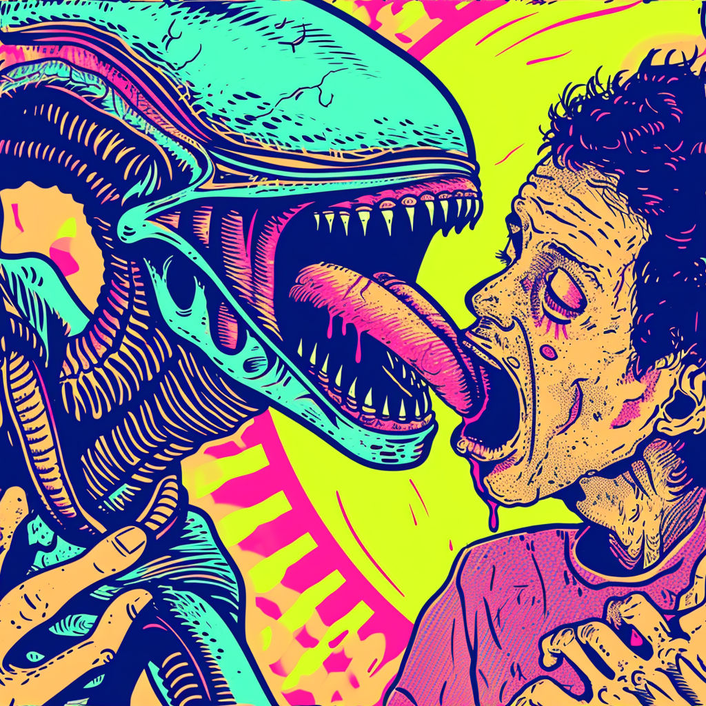 Alien eating person, bright background