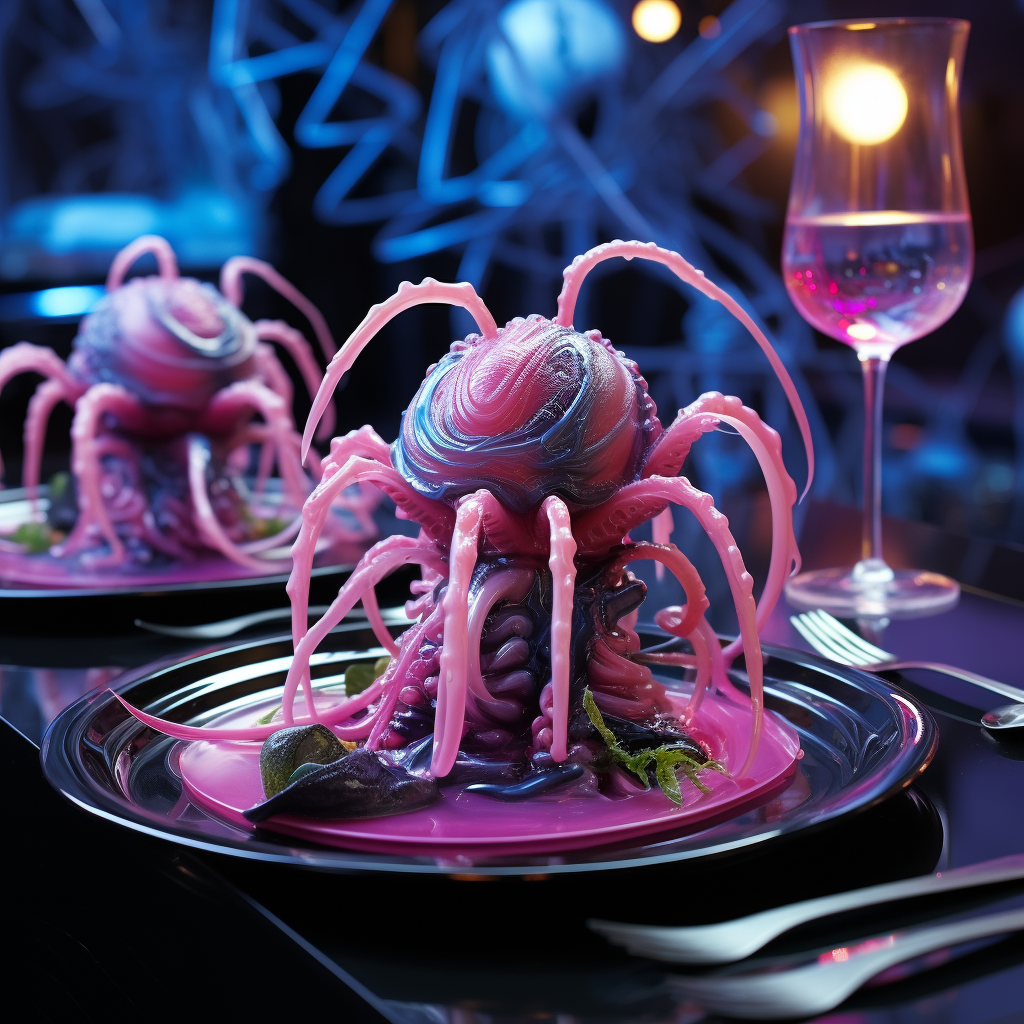 Alien Food with Luxurious Presentation under Neon Light