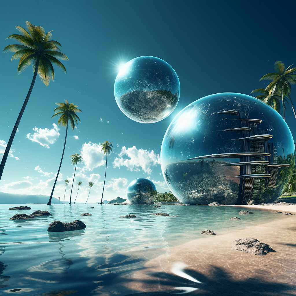 Alien planet with tropical beach and sphere buildings